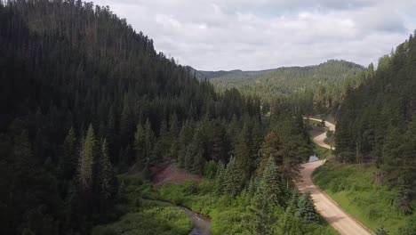 aerial shot moving through a mountain forest valley with a dirt road and a stream, revealing a wooden trestle bridge on the mickelson trail in the black hills, south dakota