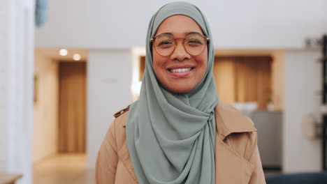 happy, muslim woman and portrait smile in success