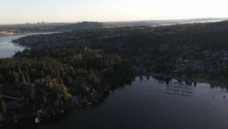 Aerial-view-above-deep-cove-marina-in-North-Vancouver,-British-Columbia