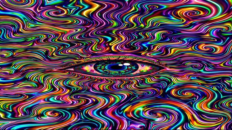 Open eye observing colorful psychedelic swirls creating an abstract and mesmerizing visual experience, perfect for backgrounds and artistic projects related to altered states of consciousness