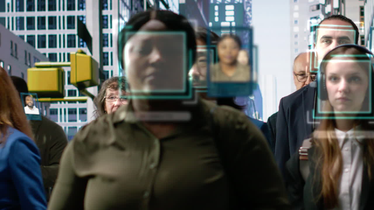 City surveillance system monitoring crowd using biometric analysis tech, VFX HUD