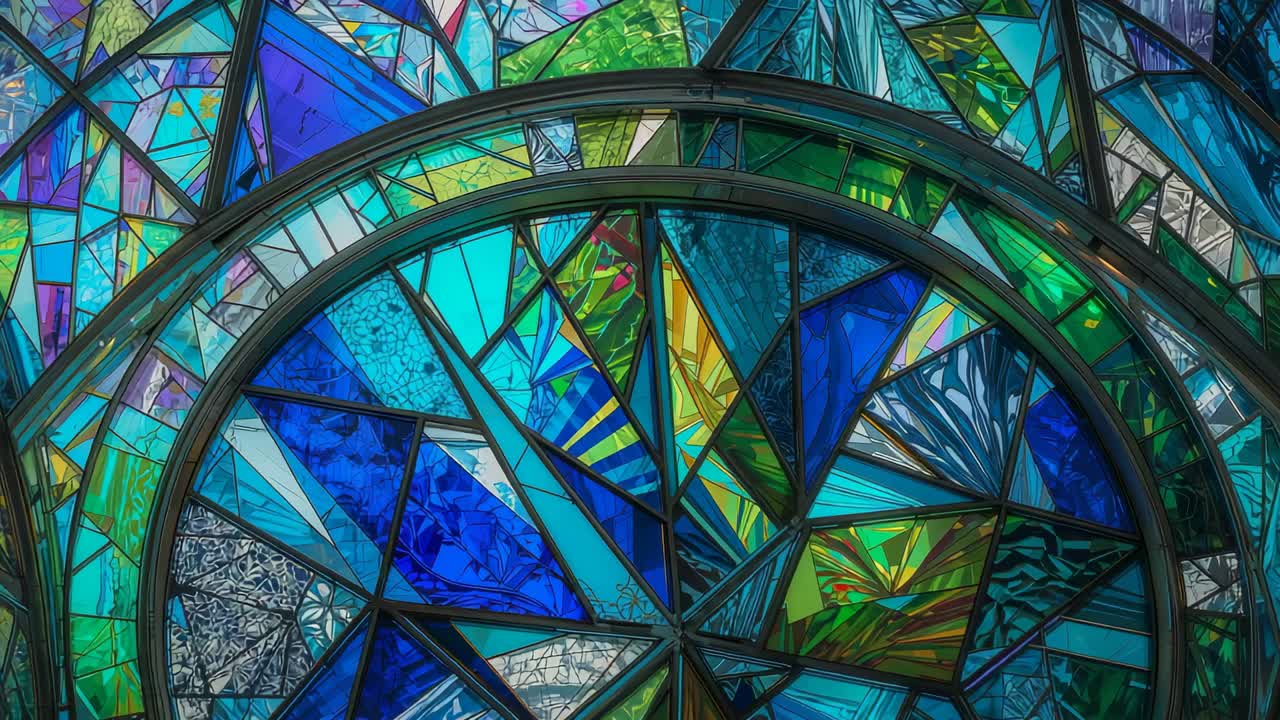 Round stained-glass panel filtering sunlight streaming through church, revealing bright mosaic