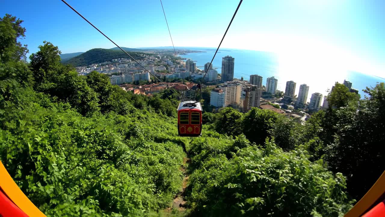 Cable Car Over Lush Greenery with Cityscape in Background