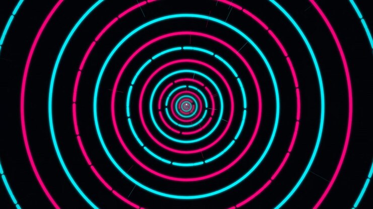 Túnel abstrato de círculos pulsantes em neon rosa e ciano