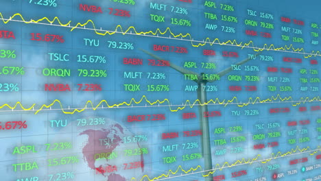 fluctuating graphs with global map in background, showing stock market animation