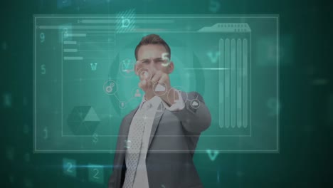 hombre de negocios tocando la pantalla futurista