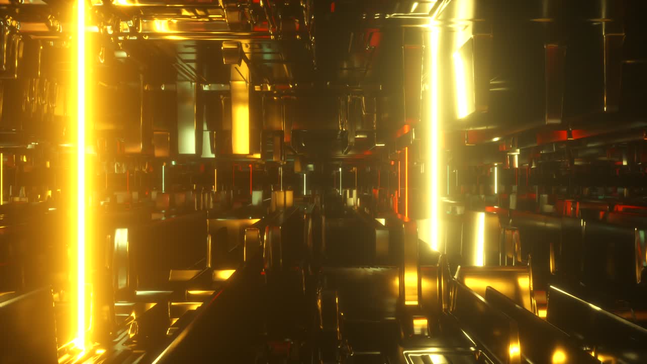 빛나는 네온 튜브를 가진 기술적 추상적인 공간에서 날아가는 사이버 크 스타일, 빛의 현대 오렌지 스트럼, 원활한 루프 3d 렌더링