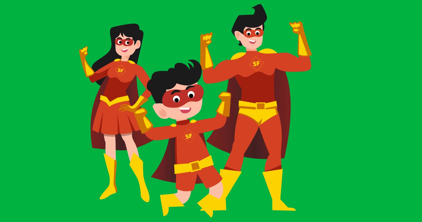 Animación digital de icono de familia con disfraces de superhéroes sobre fondo negro