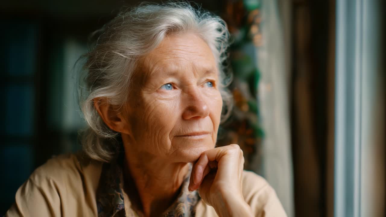 A reflective moment captured in time, showcasing an elderly woman's serene expression and thoughtful gaze by a window, evoking feelings of nostalgia and wisdom