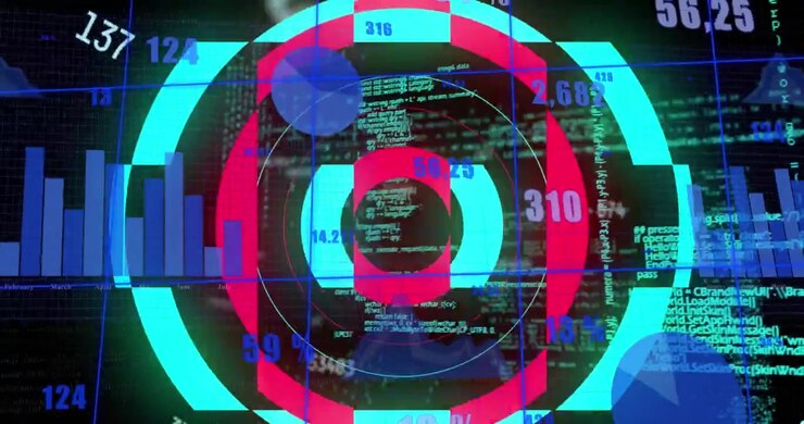 Animation of circular pattern blinking over multiple graphs, changing numbers and computer language