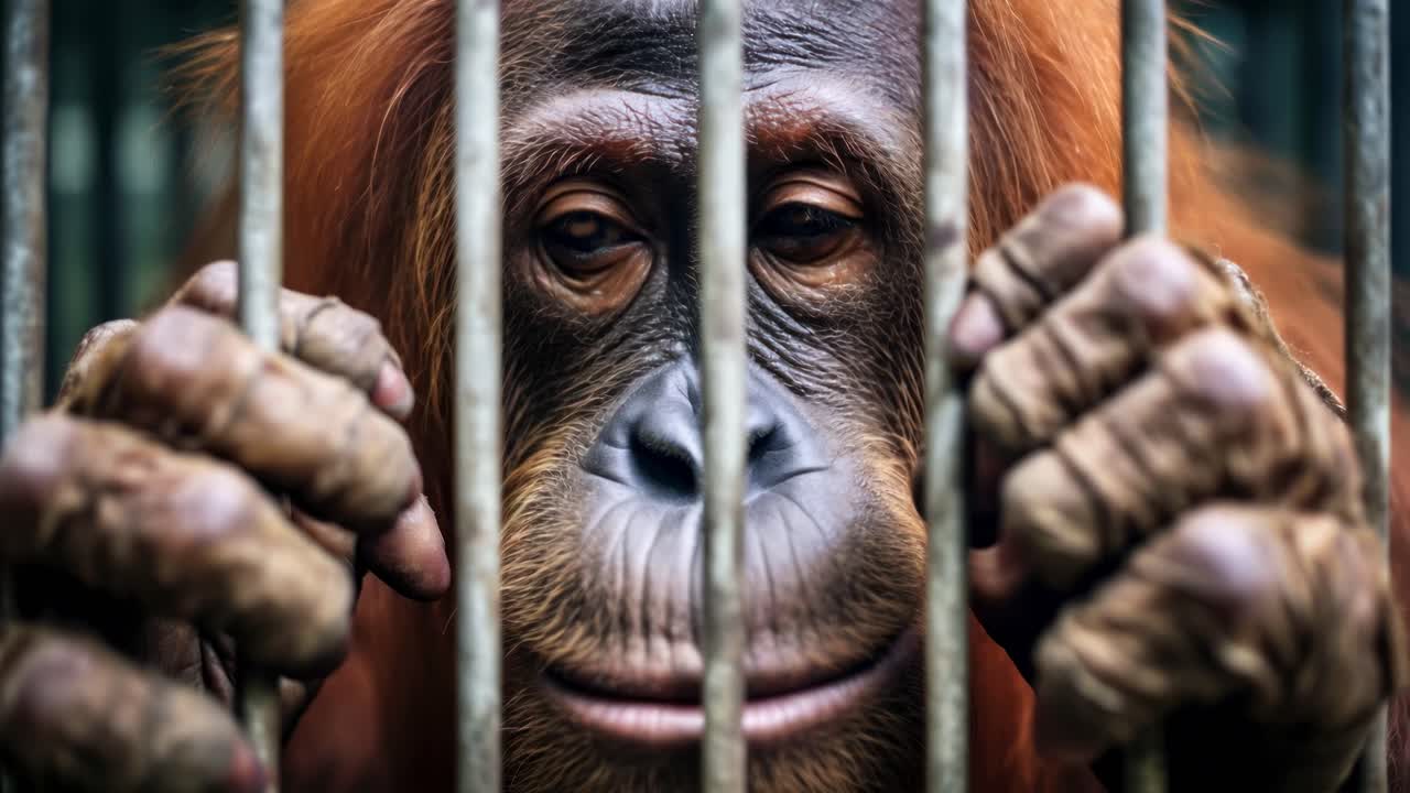 Close-up shot of an orangutan behind bars, evoking emotion and captivity