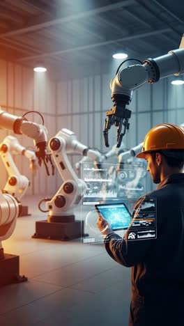 engineer programming and controlling robotic arms in a smart automated factory