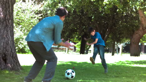 boy playing soccer in slow motion with his father