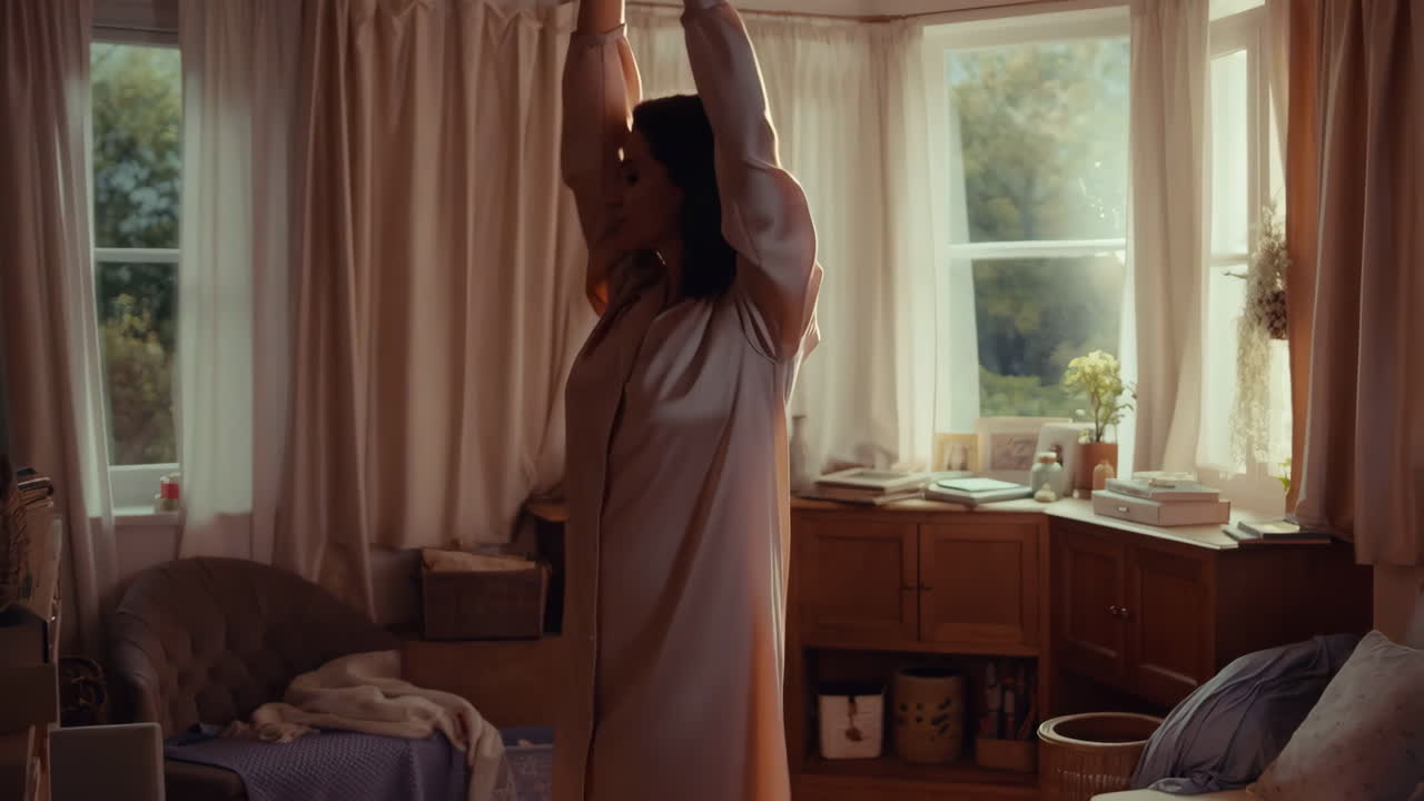 Woman in sleepwear stretching in a bright room