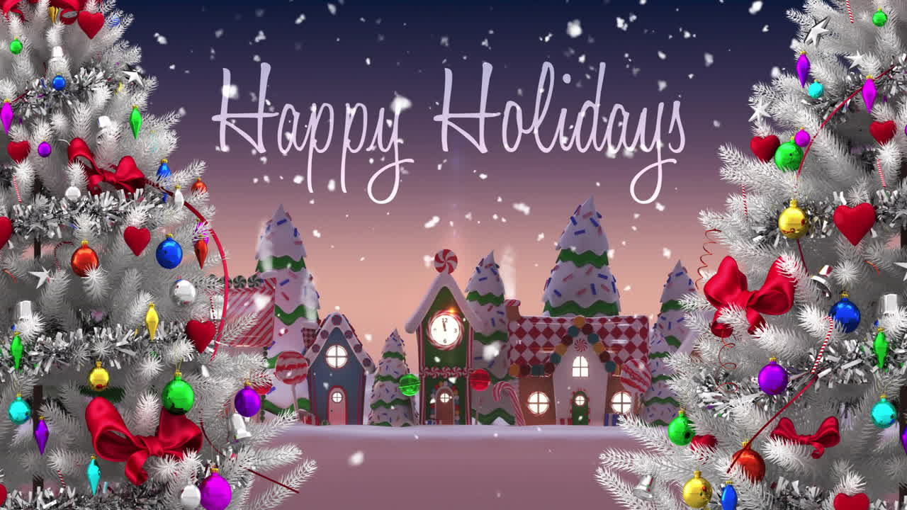 Happy Holidays text animation over festive village with decorated Christmas trees
