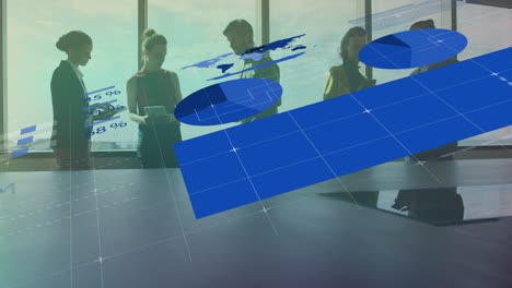 animation of data processing over diverse business people talking