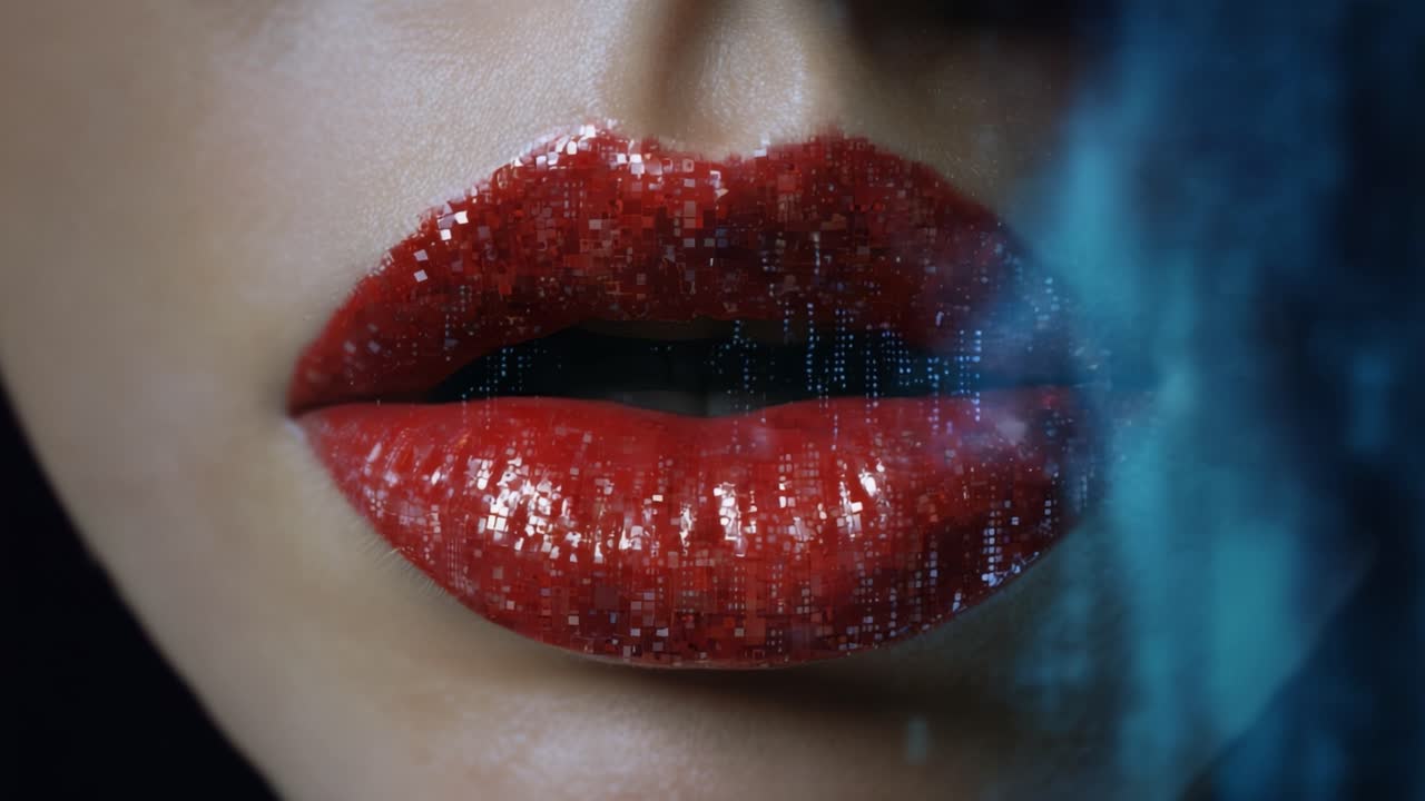 Primo piano di labbra rosse lucide con effetto di sovrapposizione digitale – Una straordinaria rappresentazione visiva della bellezza moderna e della tecnologia in un contesto creativo
