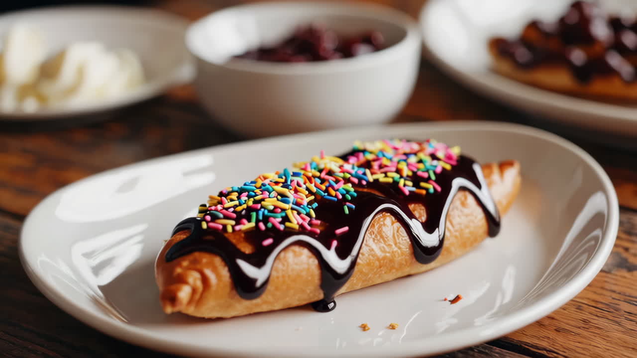 Decorating a Chocolate Croissant with Colorful Sprinkles