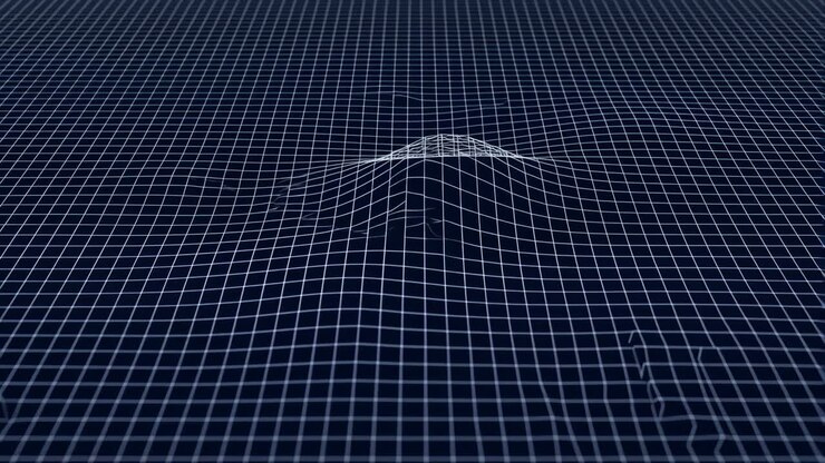 Wireframe-gitterlandskab med en stigende top, hvor mørkeblåt net bølger op i en glat bakke med subtile glødende kanter.