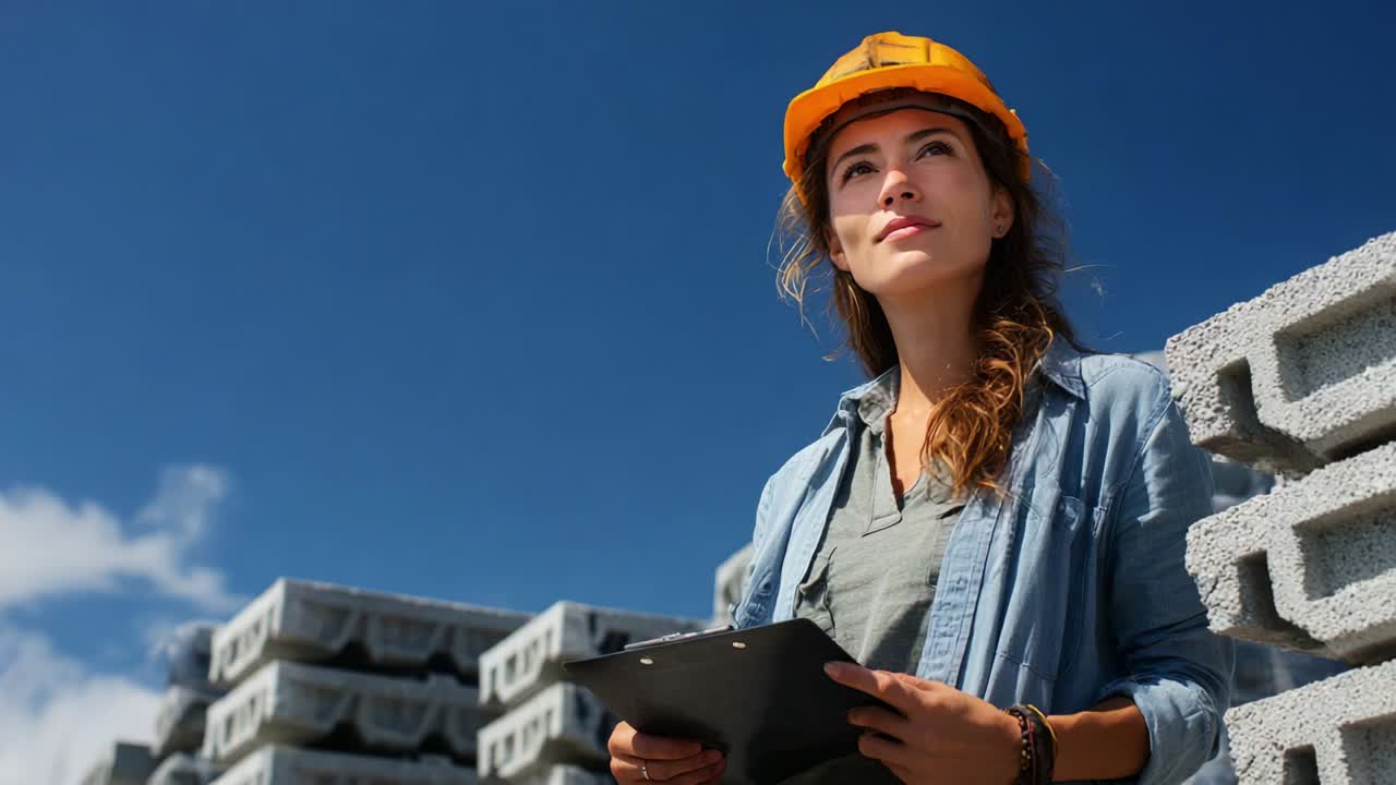 A determined young woman wearing a hard hat prepares for work on a construction site, displaying her leadership and engagement with the project amidst stacks of building materials under a bright blue sky
