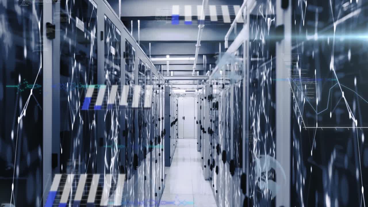 animación del procesamiento de datos estadísticos y la red de conexiones contra la sala de servidores informáticos