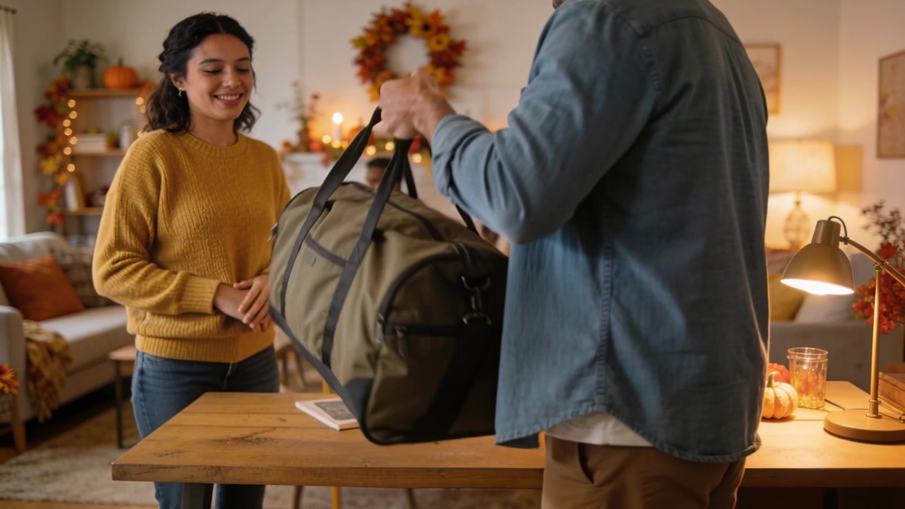 Reaching, woman in mustard sweater grasping olive duffel as man lifting bag exiting dining area
