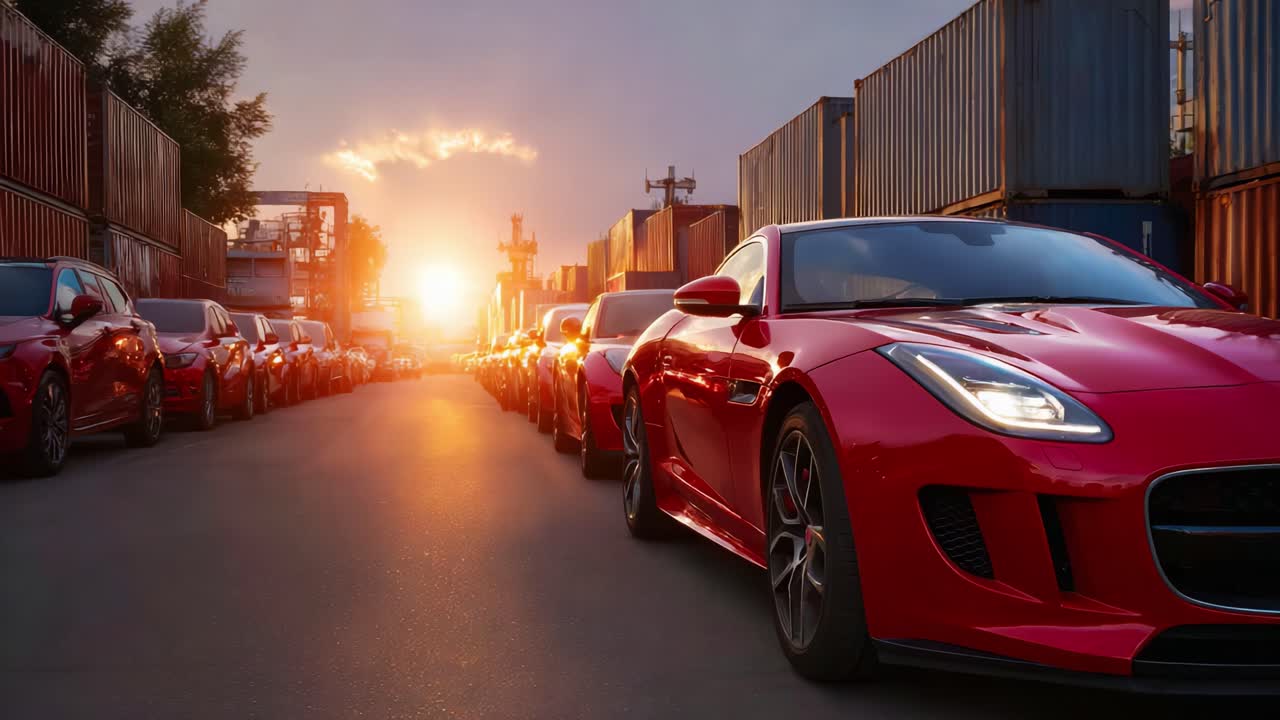 Auto sportive rosse allineate in un deposito container al tramonto, che mettono in mostra il design moderno e il paesaggio urbano, catturate in una prospettiva dinamica con un'illuminazione calda