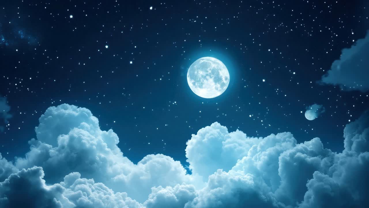 A serene night sky video with a full moon and stars above fluffy clouds ...