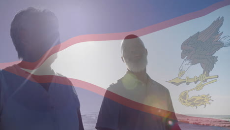 walking on beach, two people with flag and animation overlay