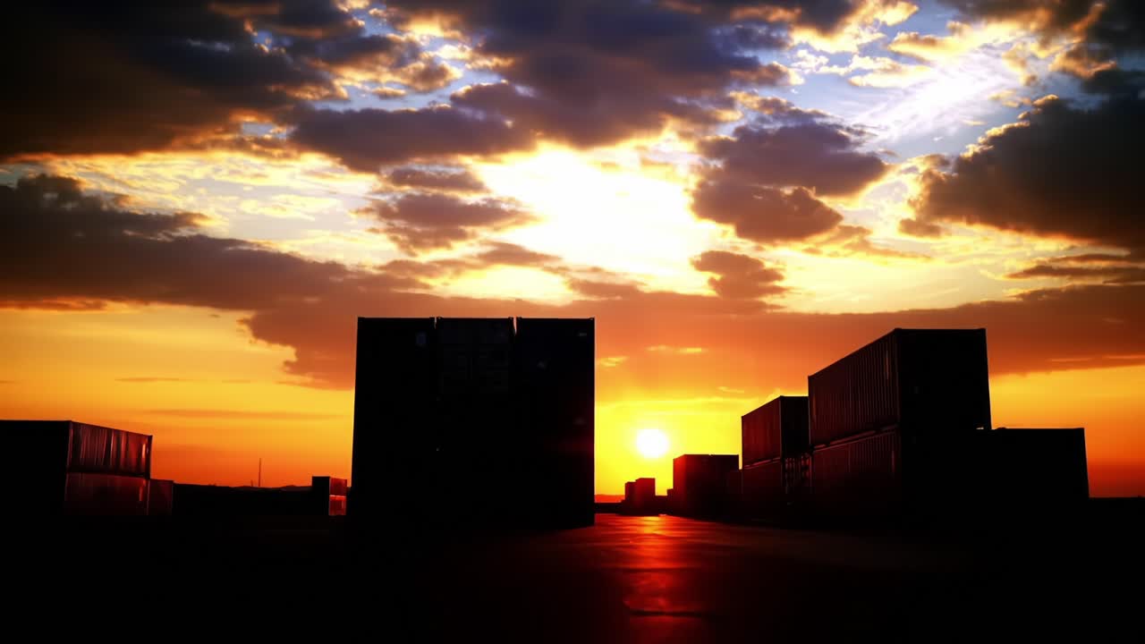 Cautivador Atardecer Sobre un Patio de Contenedores: Una Escénica Transformación Vespertina Capturada en Dos Marcos, Mostrando Colores Vibrantes y un Dramático Juego de Luces