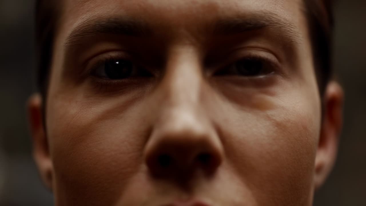 Staring woman reacting as glossy brown gel enters frame in studio, deforming face for effect