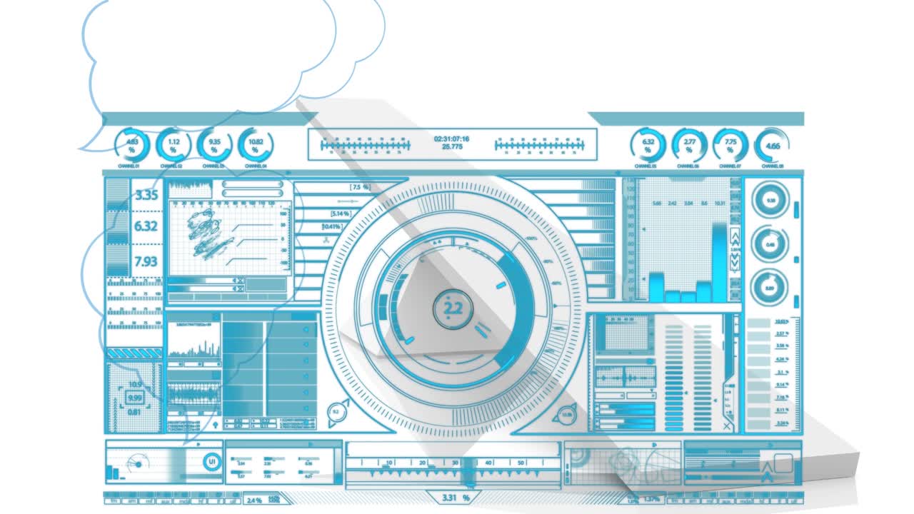 Animation of blue and white interface screen with scanner and data processing