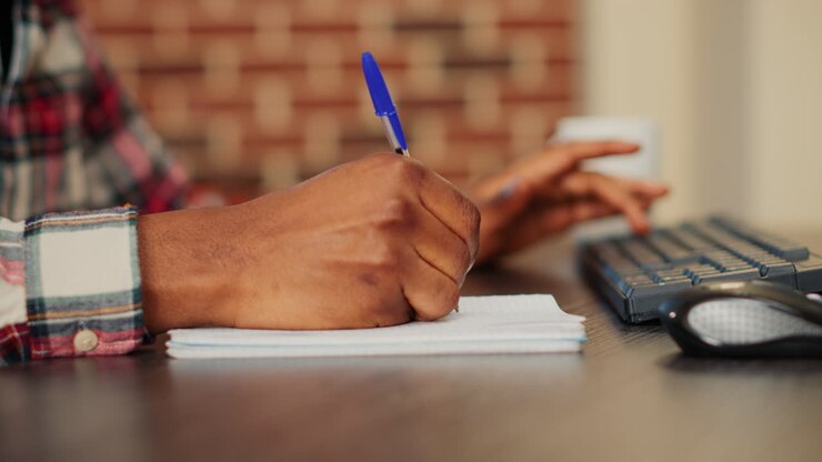 Person writing in a notebook next to a keyboard