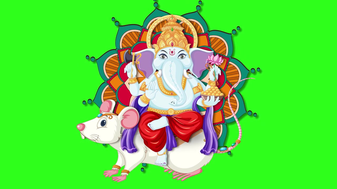 A colorful cartoon elephant deity rides a white rat against a green screen background.
