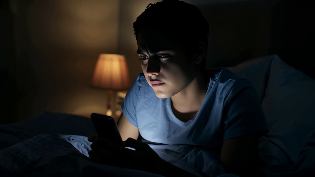 Vertical video: Lifting phone, teen in blue tee leaning on bed, reading worrying message by lamp