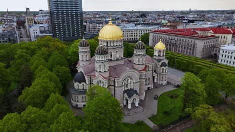 nativity cathedral, riga with lush esplanade park in spring, aerial view
