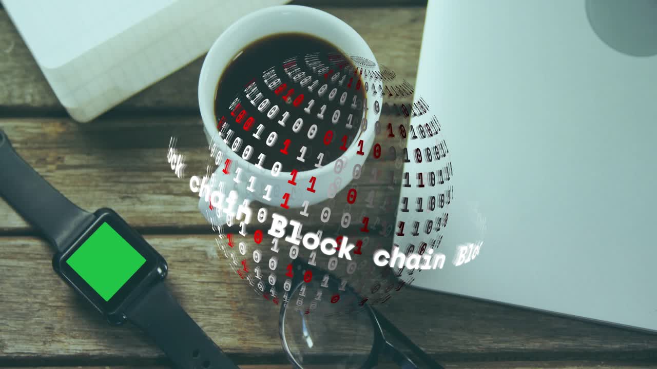 Digital sphere appearing above glasses, spinning while showing blockchain and revealing mug laptop