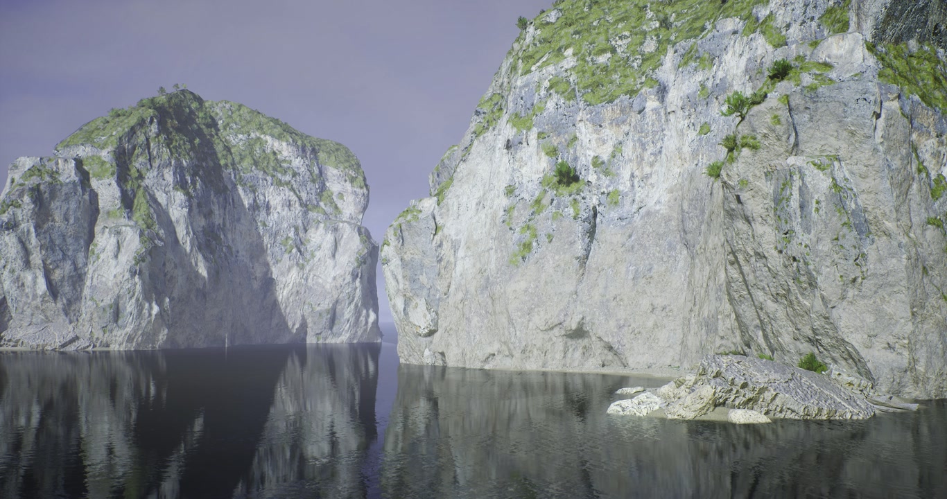 Quiet inlet shaded by steep rocks with soft fog and calming ambiance