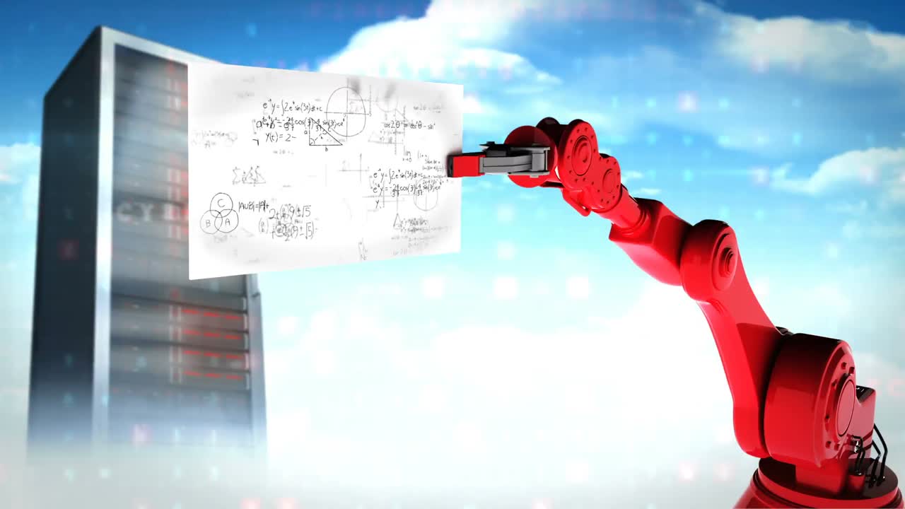 video generado digitalmente de la tarjeta de retención del brazo robótico rojo con fórmula matemática