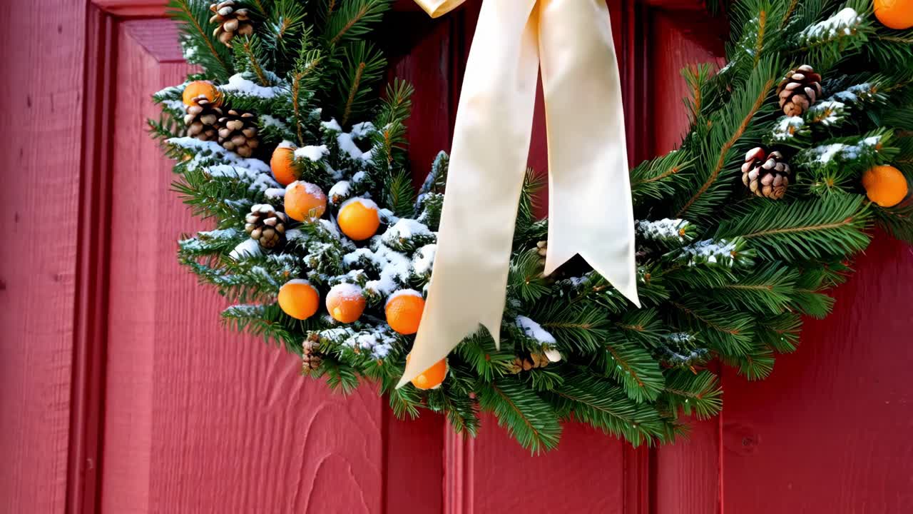 Holiday wreath features snow-dusted greenery, bright orange berries, and pinecones, beautifully complemented by a satin ribbon, enhancing the festive atmosphere of a welcoming entrance