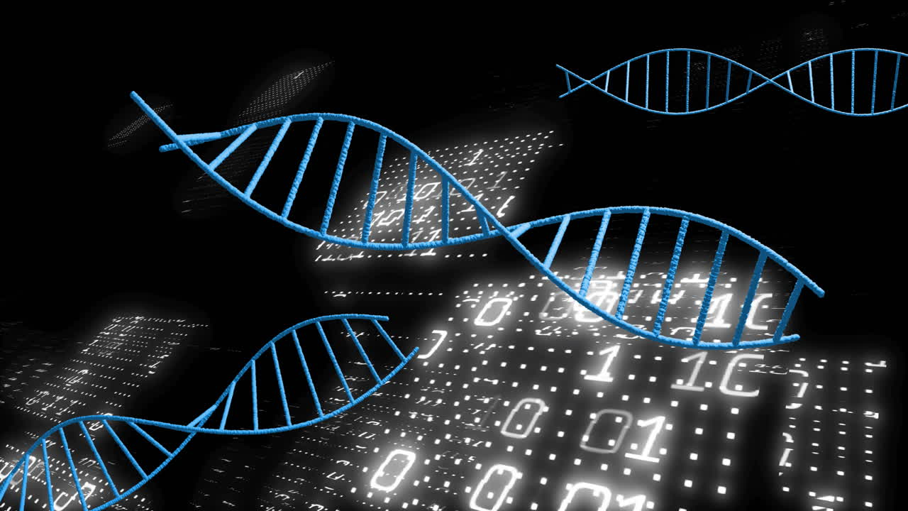 cadenas de adn y codificación binaria, animación de procesamiento de datos científicos