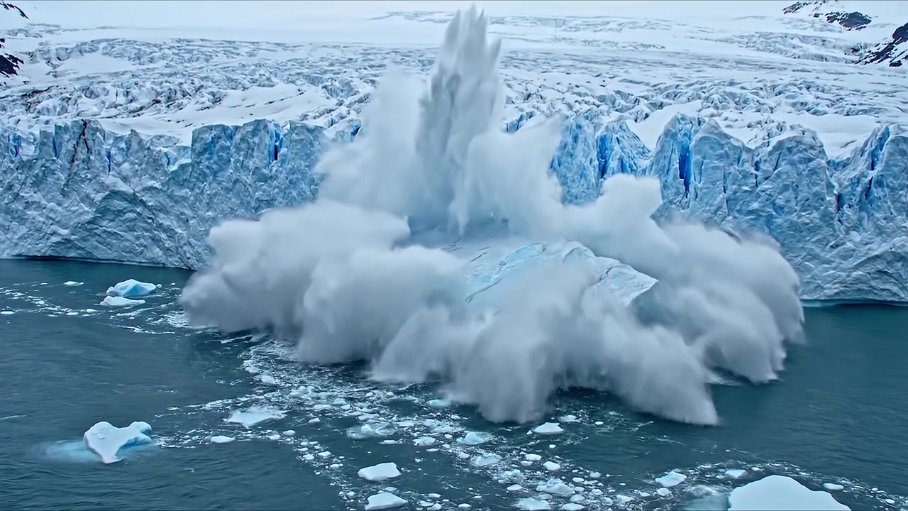 Massive blue glacier wall calving into the cold ocean water