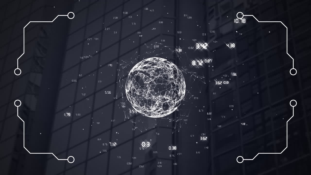 Data processing and globe of network of connections against tall building