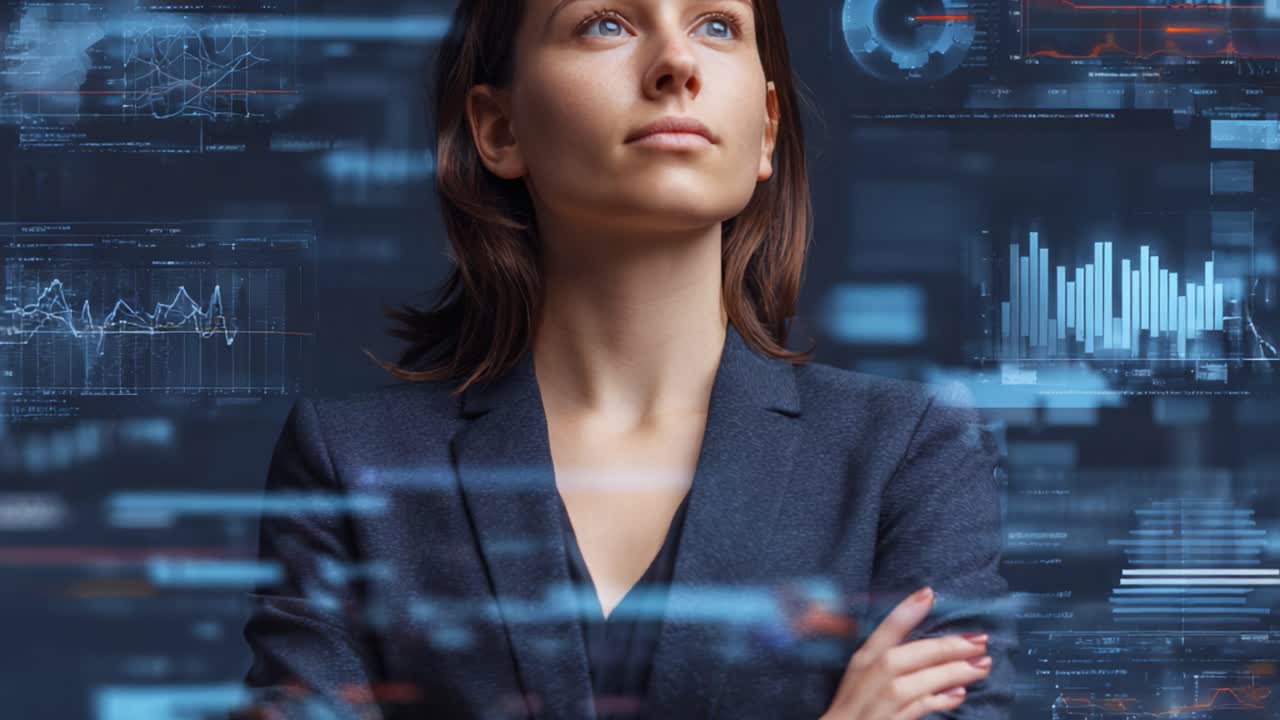 A Confident Businesswoman Overseeing Data Analytics in a Futuristic Digital Environment with Graphs and Charts Shimmering in the Background, Embodying Leadership and Insight