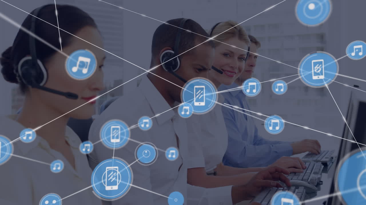 animación de la red de conexión con iconos sobre personas de negocios que usan auriculares de teléfono