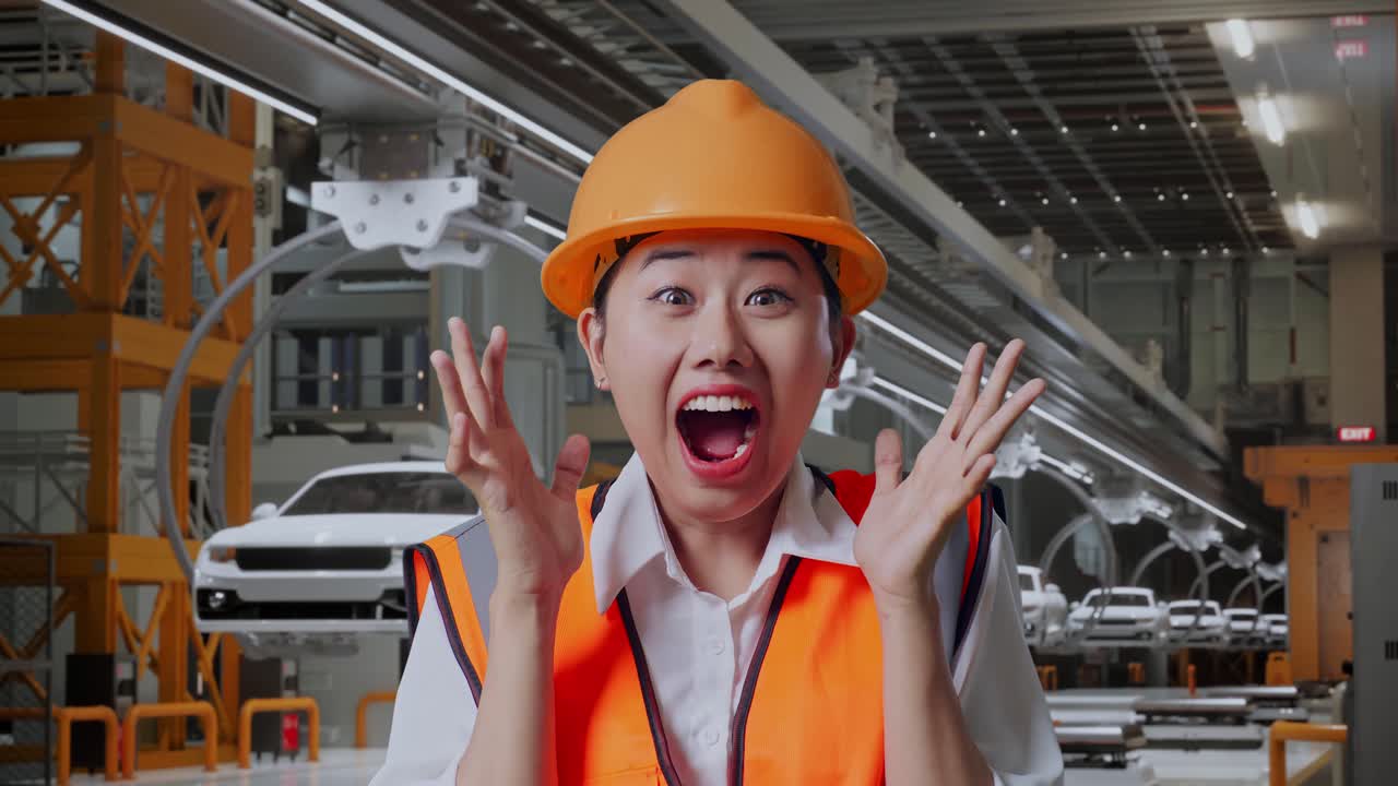 안전 헬을 입은 아시아 여성 엔지니어가 카메라에 미소 짓고 ev 자동차 공장에서 서서 와우라고 말합니다.