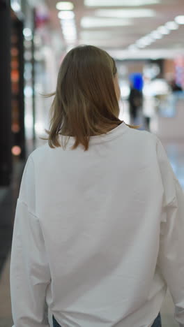 vista trasera de un comprador en una tapa blanca caminando a través de un centro comercial, mirando a su alrededor en medio de luces coloridas y un fondo borroso con objetos poco claros