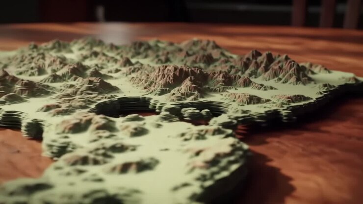 En detaljeret 3D terrænmodel, der viser et landskab med forskellige topografiske træk, og fanger de indviklede detaljer af bjerge, dale og sletter.