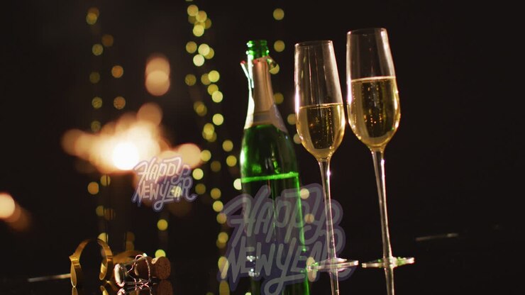 Animazione con auguri di Capodanno su bottiglia di champagne e bicchieri