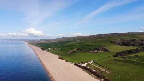 aerial shot panning over a beautiful beach on the coast of england in summer